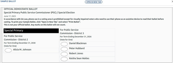 [Democratic Sample Ballot GA PSC 2025-06-17]