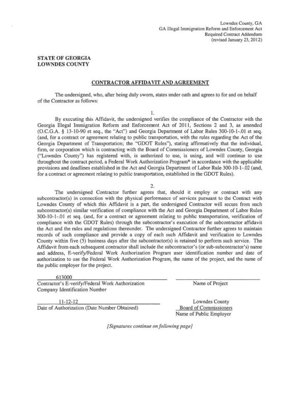 CONTRACTOR AFFIDAVIT AND AGREEMENT
