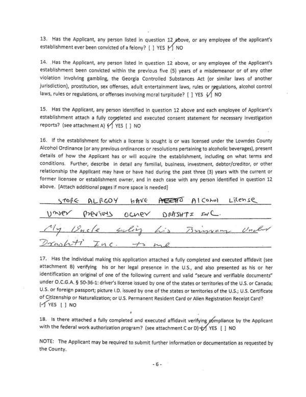 16. If the establishment for which a license is sought is or was licensed under the Lowndes County