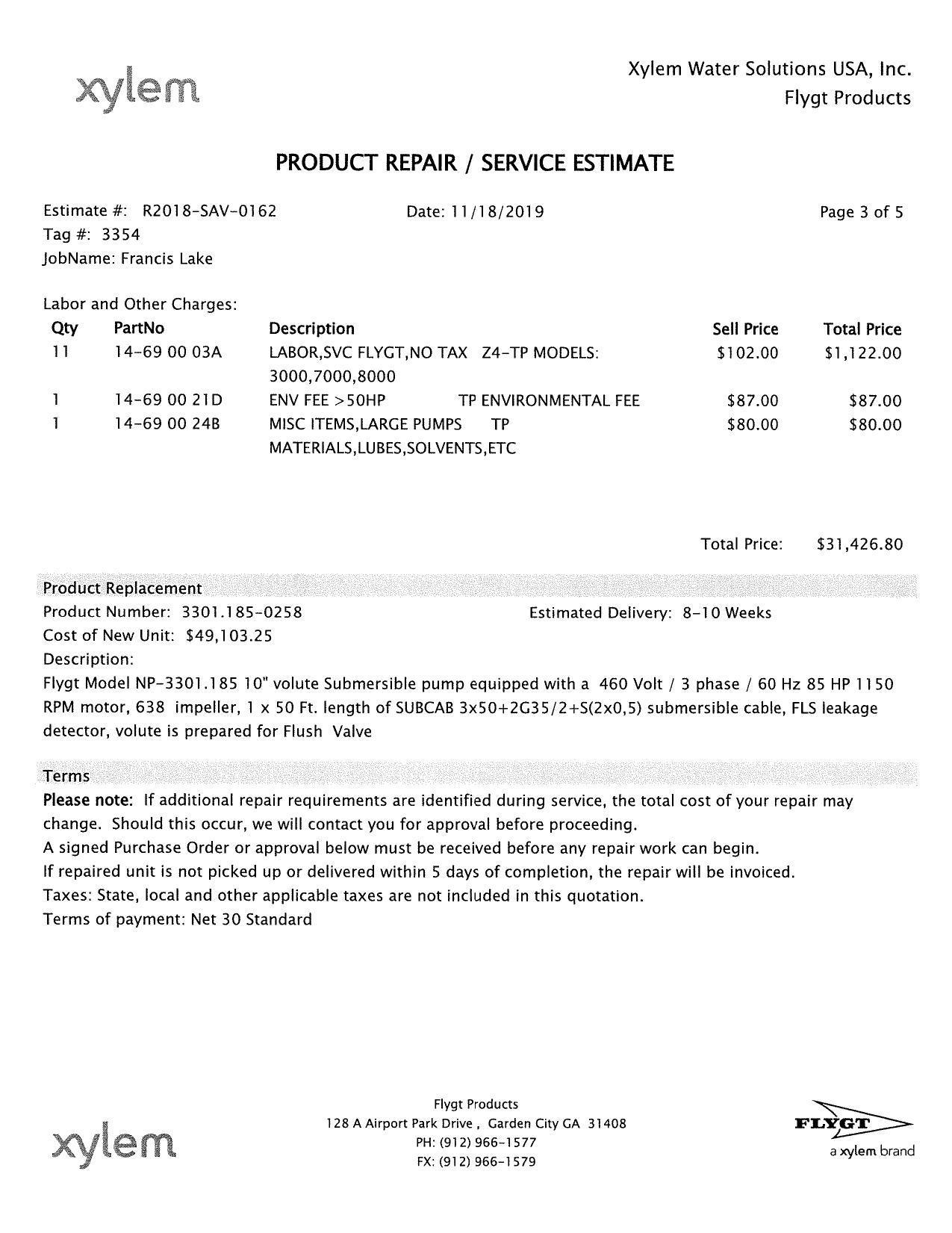 PRODUCT REPAIR / SERVICE ESTIMATE