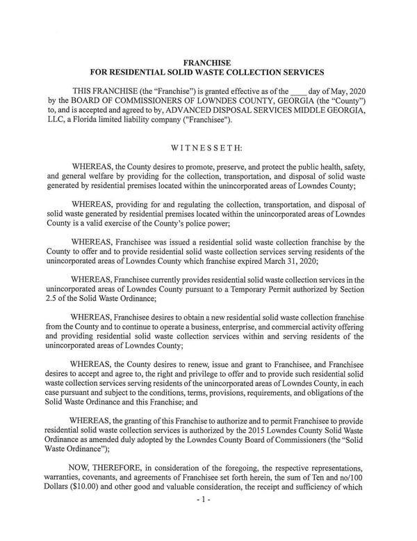 ADS FRANCHISE FOR RESIDENTIAL SOLID WASTE COLLECTION SERVICES