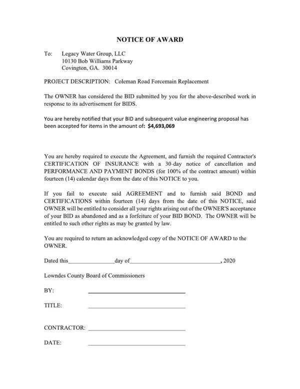 NOTICE OF AWARD to Legacy Water Group, LLC