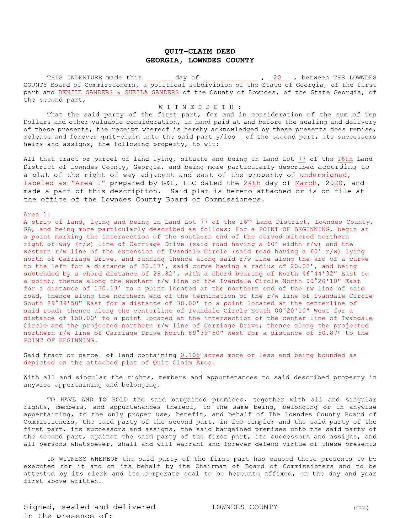 QUIT-CLAIM DEED... Benjie Sanders & Sheila Sanders