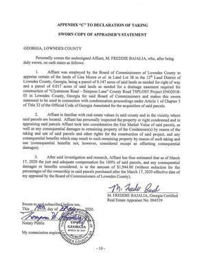 [APPENDIX “C” TO DECLARATION OF TAKING, SWORN COPY OF APPRAISER’S STATEMENT]