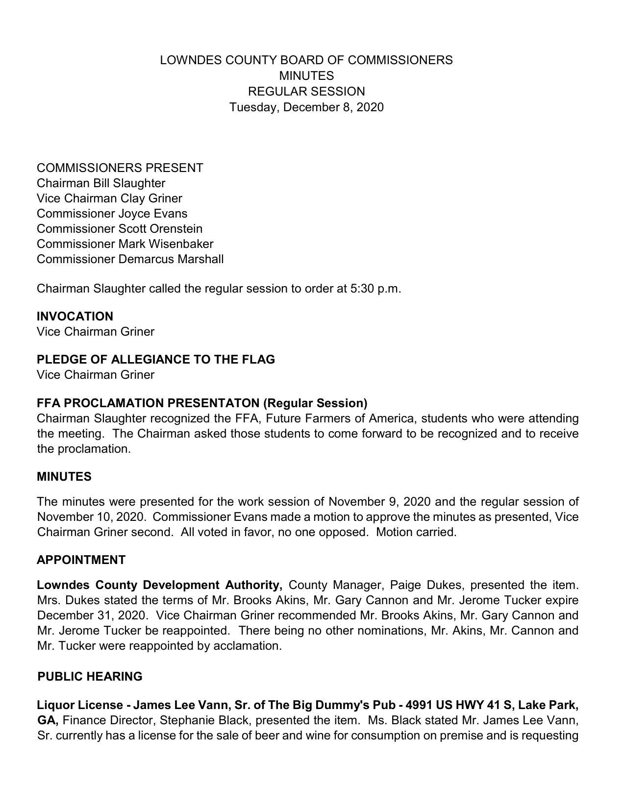 FFA, Lowndes Co. Development Authority, Liquor License