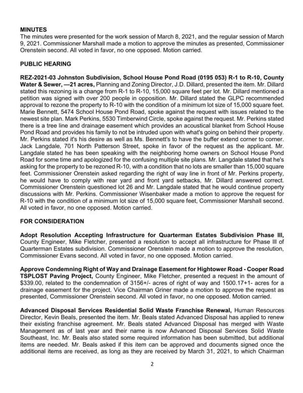 REZ-2021-03 Johnston Subdivision, School House Pond Road (0195 053) R-1 to R-10, approved 5:0 with min. lot size 15,000 sq ft.