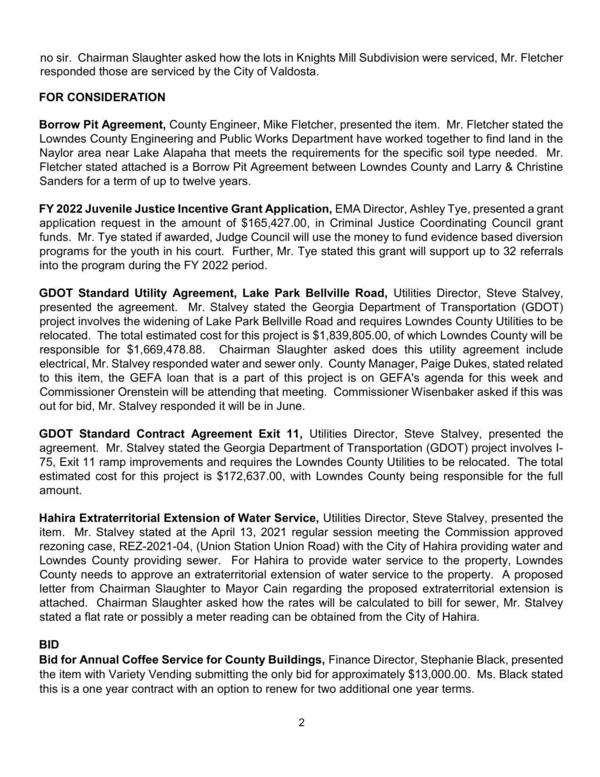 Borrow Pit, Juvenile Justice, GDOT * 2, Hahira Extraterritorial Water, Coffee