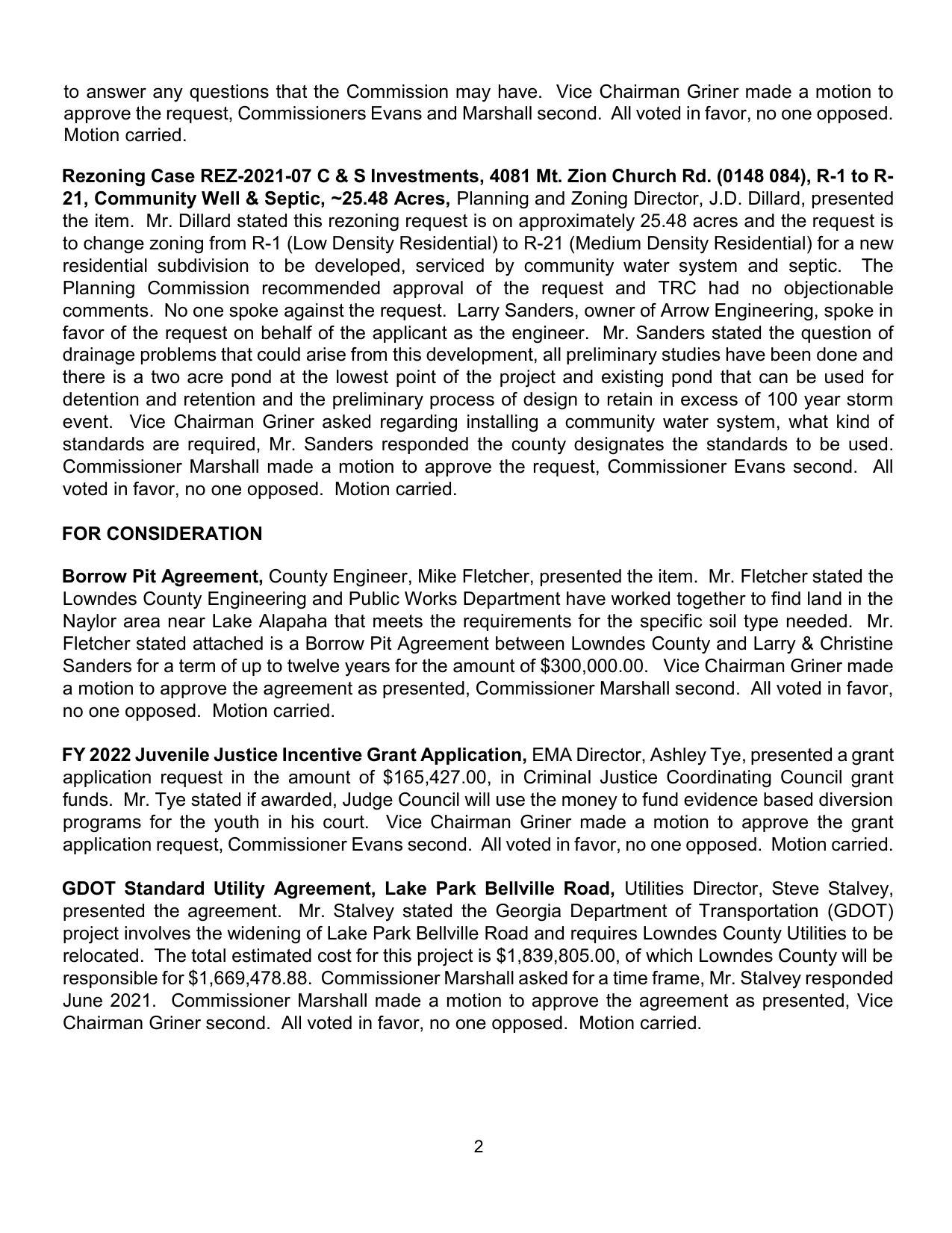 Rezoning Case REZ-2021-07 C & S Investments, Mt. Zion Church Rd., Borrow Pit, Juvenile Justice, GDOT Utility Agreement