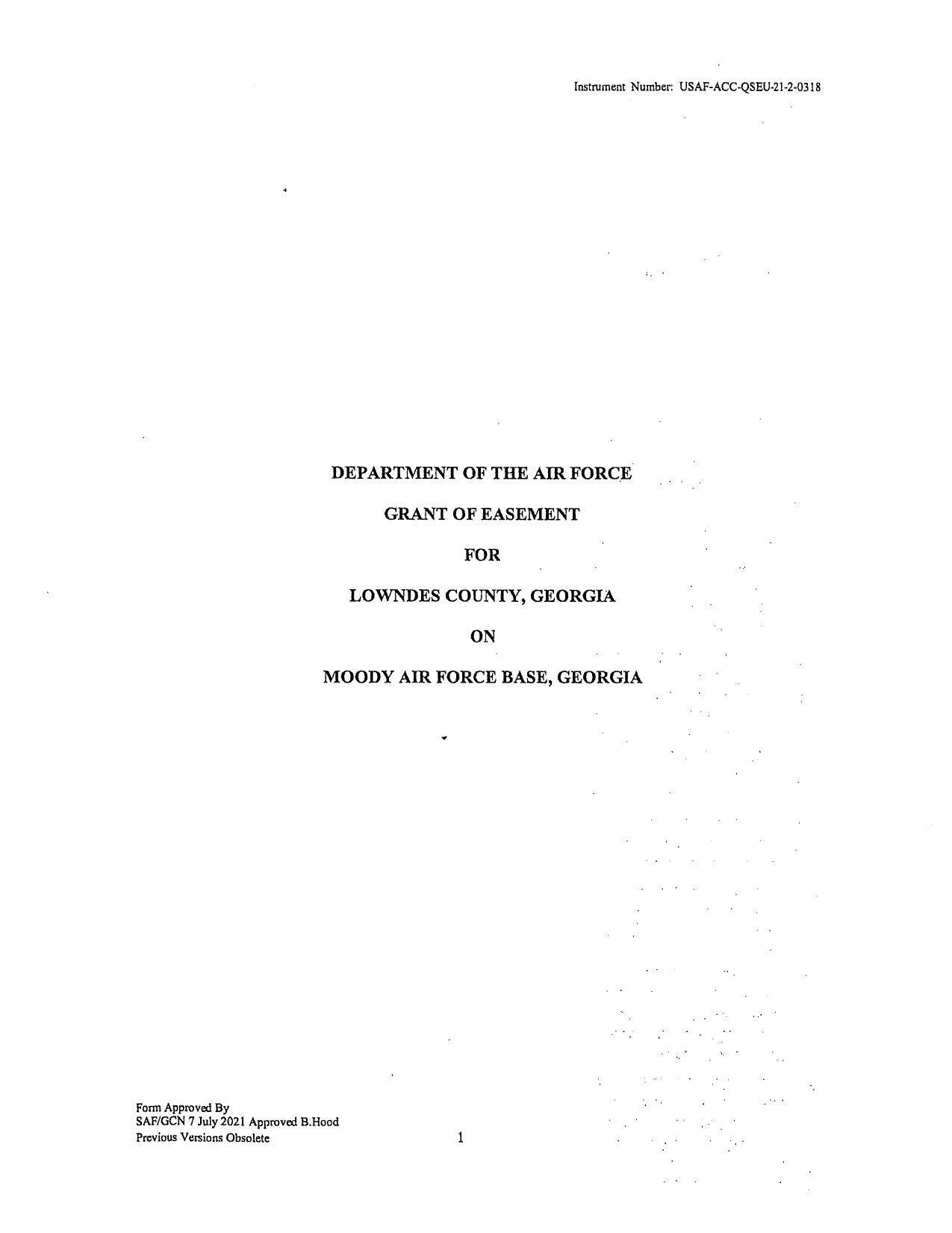 DEPARTMENT OF THE AIR FORCE GRANT OF EASEMENT FOR LOWNDES COUNTY, GEORGIA ON MOODY AIR FORCE BASE, GEORGIA