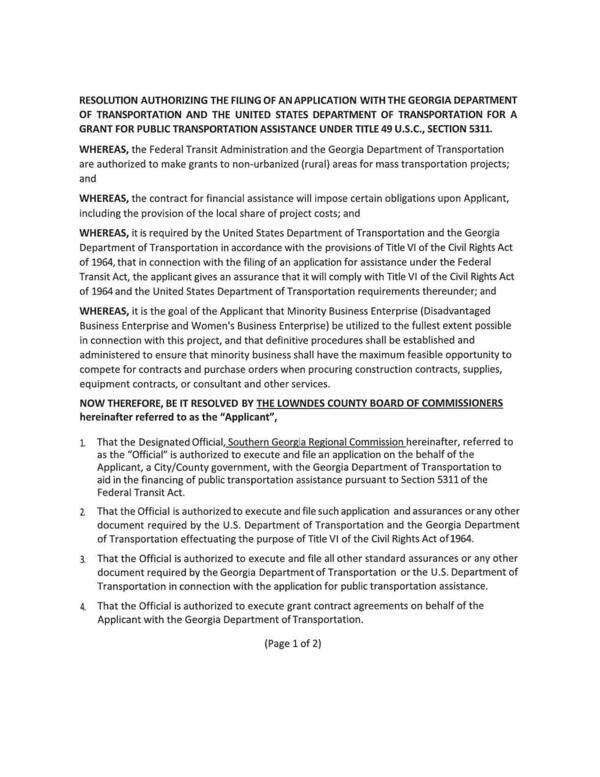 RESOLUTION AUTHORIZING THE FILING OF AN APPLICATION WITH GDOT and U.S. DOT