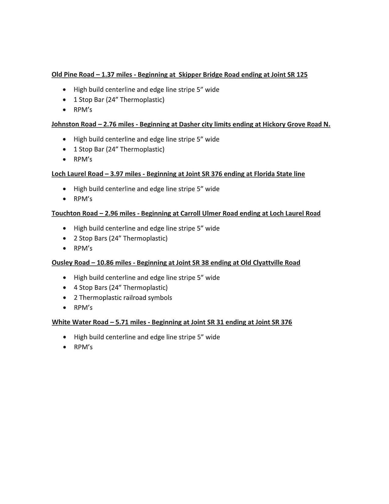 Restriping road list (cont.)