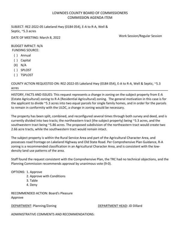 [BUDGET IMPACT: N/A, to divide ~5.3 acres into two equal parcels for single family homes]