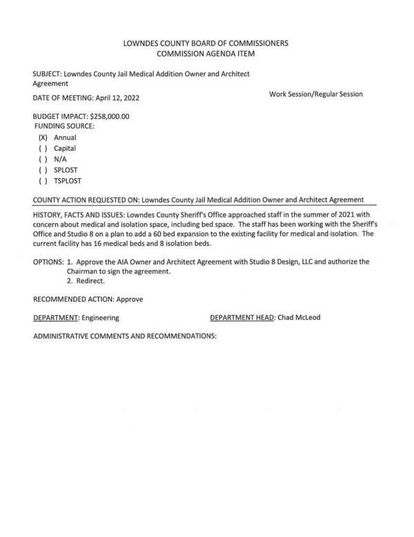 [BUDGET IMPACT: $258,000.00, concern about medical and isolation space, including bed space.]