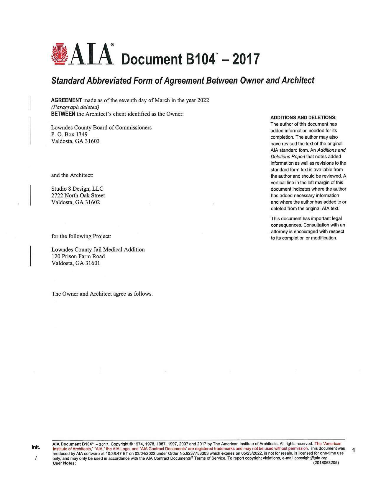 Agreement Between Owner and Architect