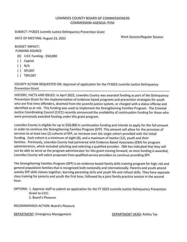 [Lowndes County is eligible for up to $50,000 in continuation funding and intends to apply for the full amount]