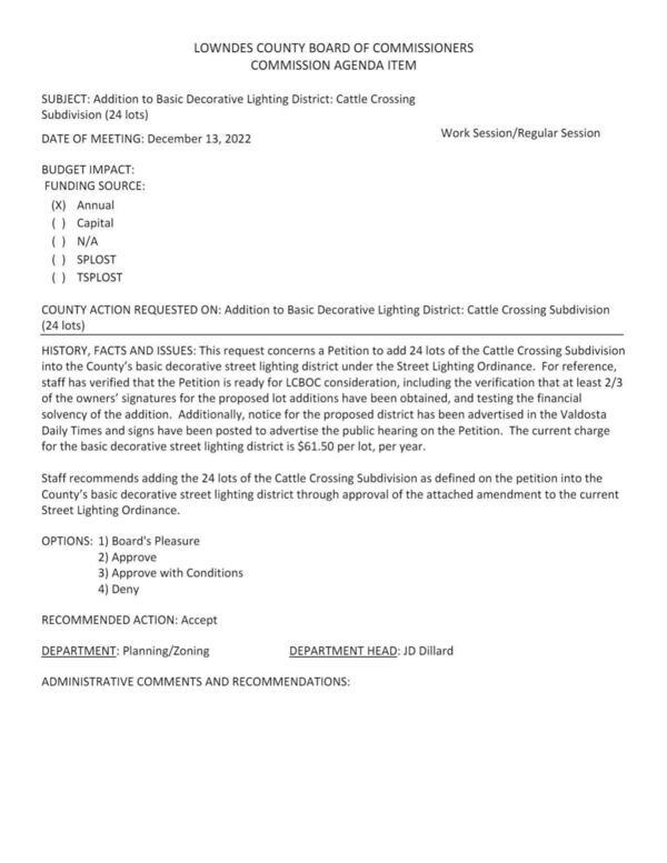 Addition to Basic Decorative Lighting District: Cattle Crossing Subdivision (24 lots)