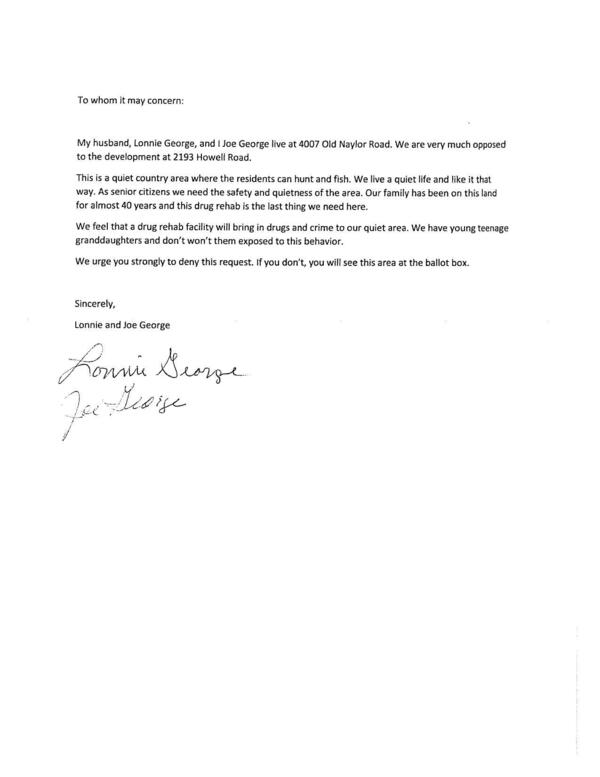 Opposition letter, Lonnie and Joe George