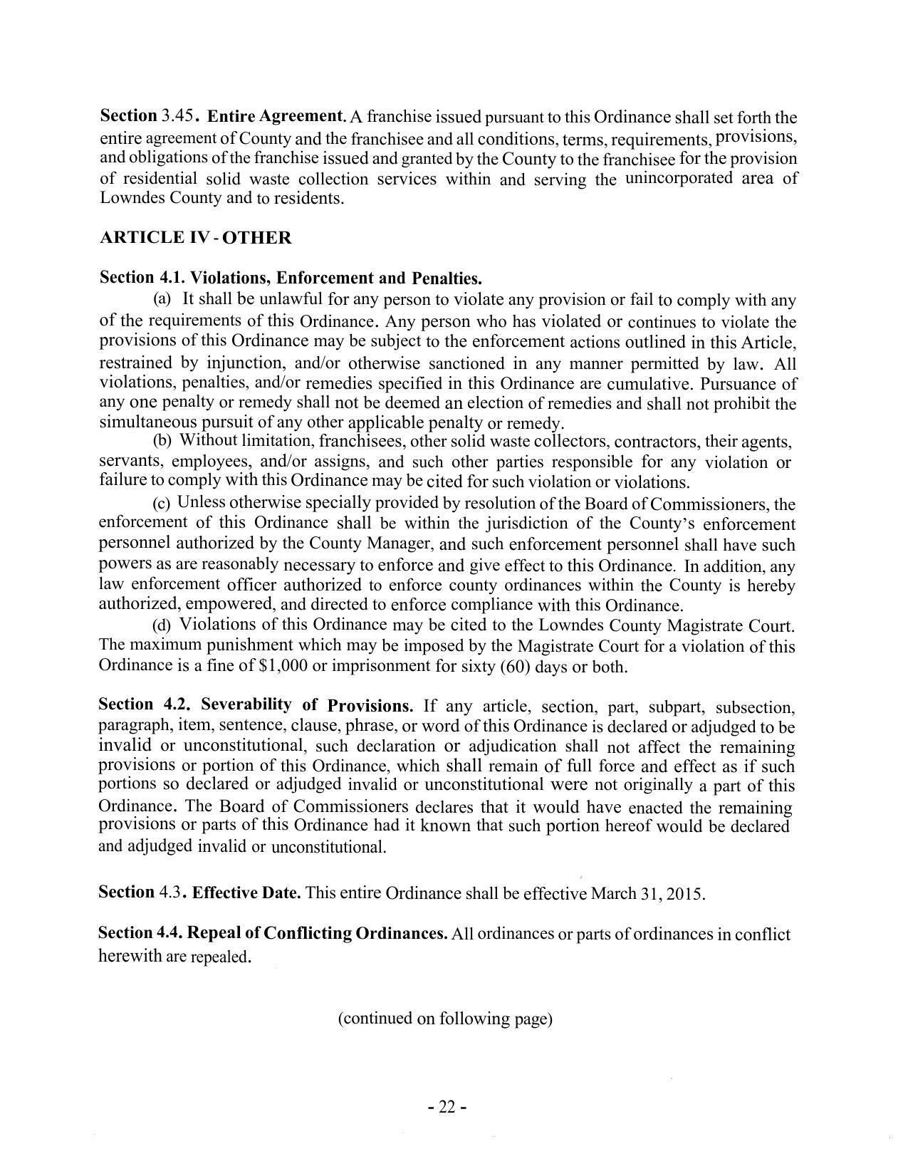 and obligations of the franchise issued and granted by the County to the franchisee for the provision
