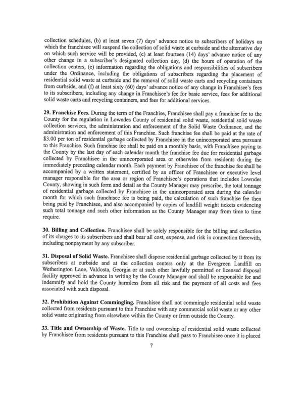 collection schedules, (b) at least seven (7) days’ advance notice to subscribers of holidays on