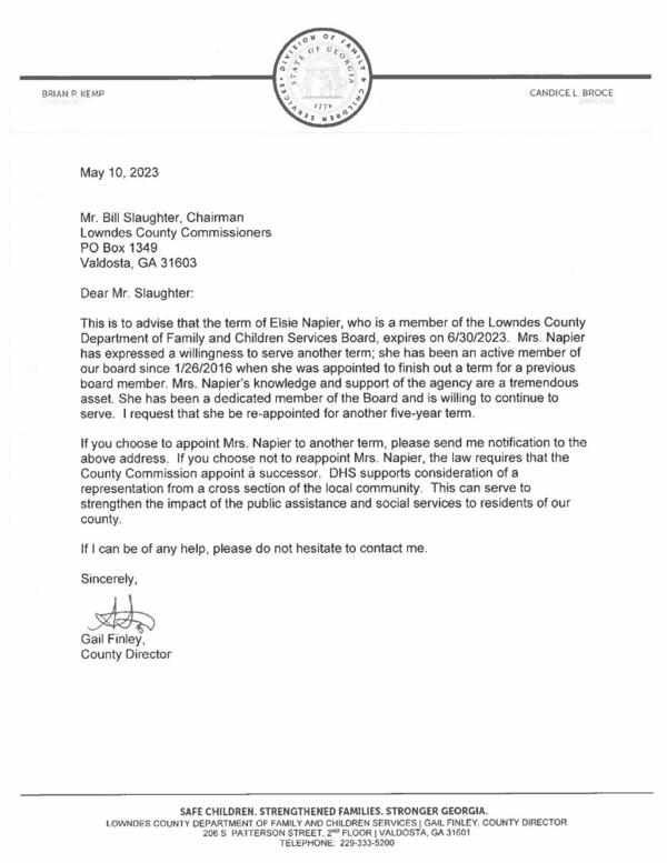Letter from County Director Gail Finley