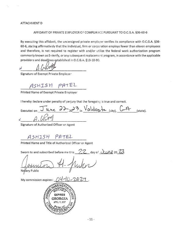 AFFIDAVIT OF PRIVATE EMPLOYER OF COMPLIANCE PURSUANT TO O.C.G.A. §36-60-6