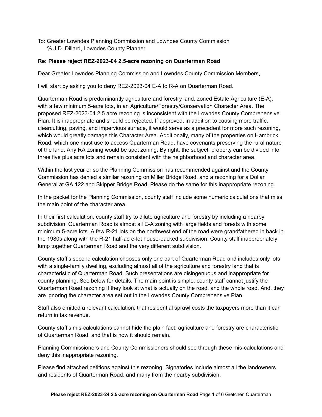 I will start by asking you to deny REZ-2023-04 E-A to R-A on Quarterman Road.