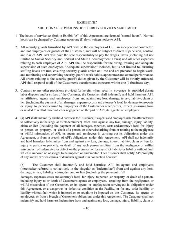 ADDITIONAL PROVISIONS OF SECURITY SERVICES AGREEMENT