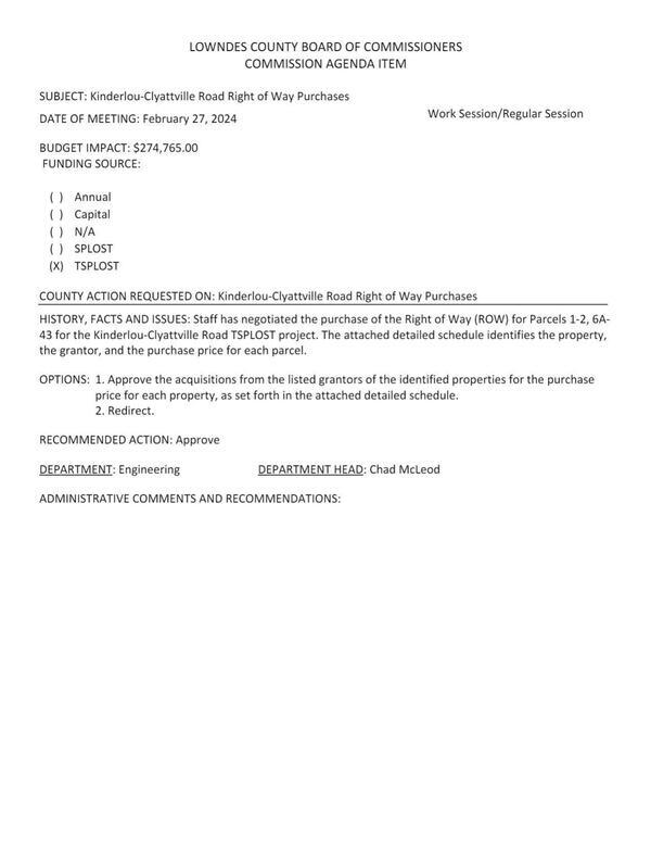 [02272024Plus-0004 BUDGET IMPACT: $274,765.00; Staff has negotiated the purchase of the Right of Way (ROW) for Parcels 1-2, 6A-43 for the Kinderlou-Clyattville Road TSPLOST project.]