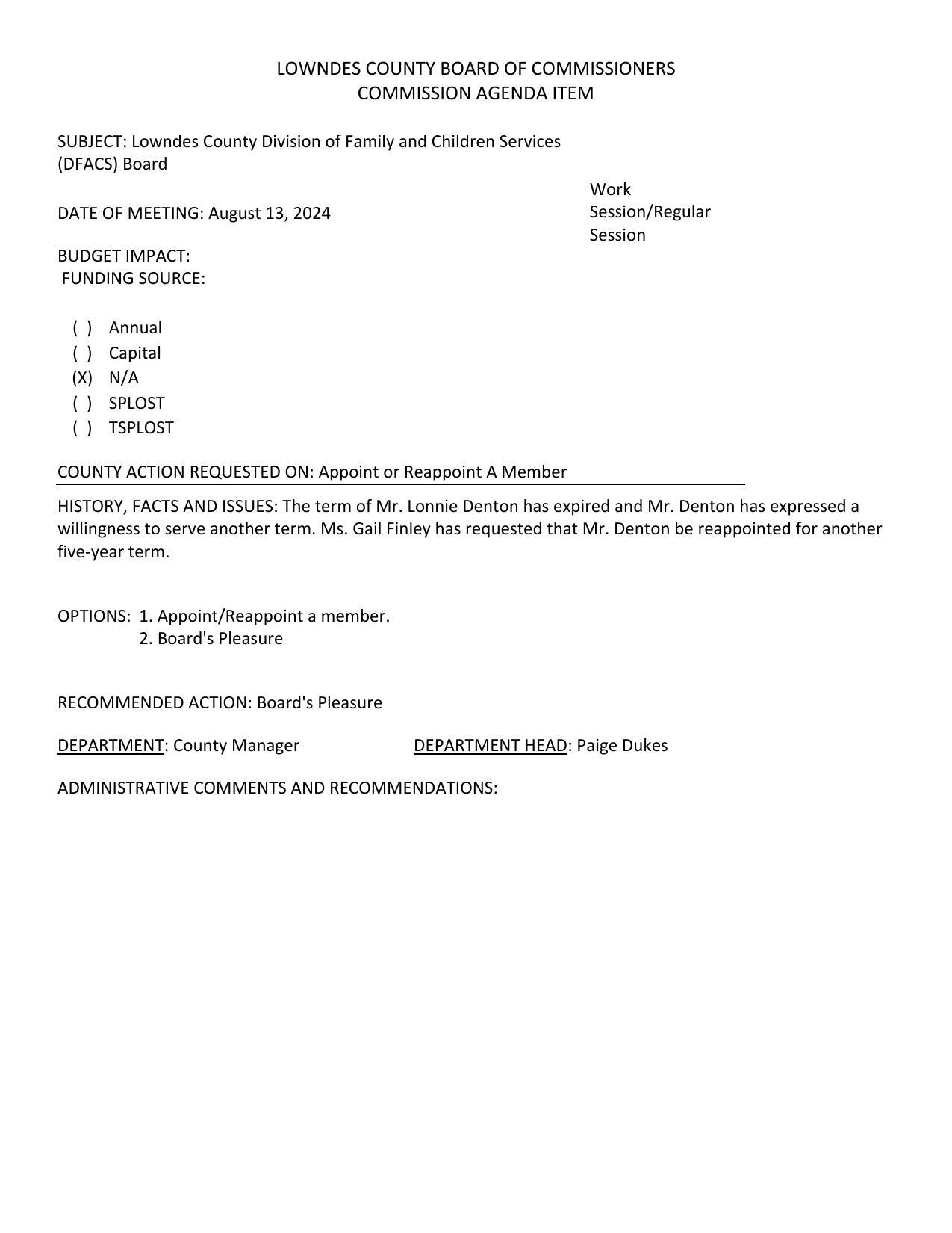 Lonnie Denton wants to be reappointed