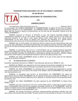 [TRANSPORTATION INVESTMENT ACT OF 2010 PROJECT AGREEMENT]