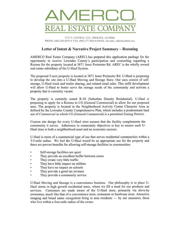 Letter of Intent by Amerco Real Estate Company