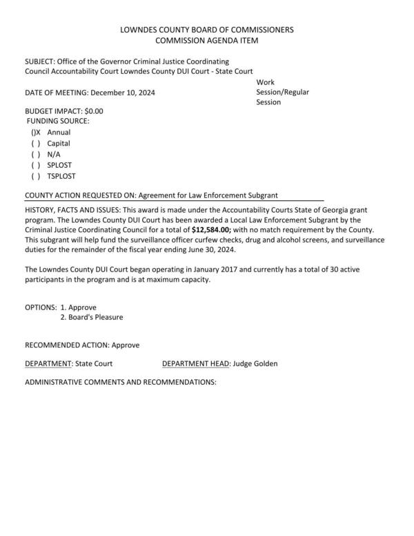 [Subgrant of $12,584.00; with no match requirement by the County.]