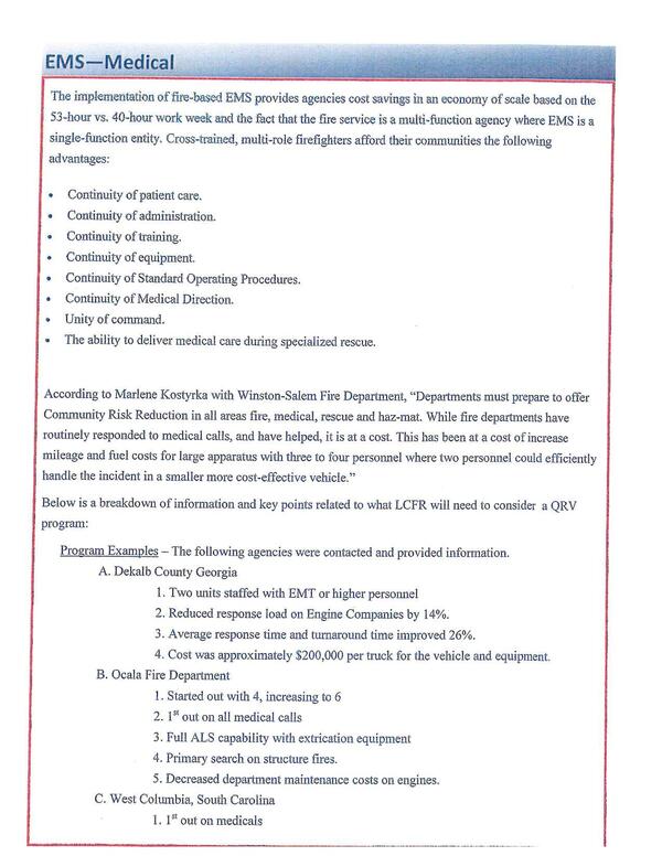 Quick Response Vehicles (QRV) Program Examples