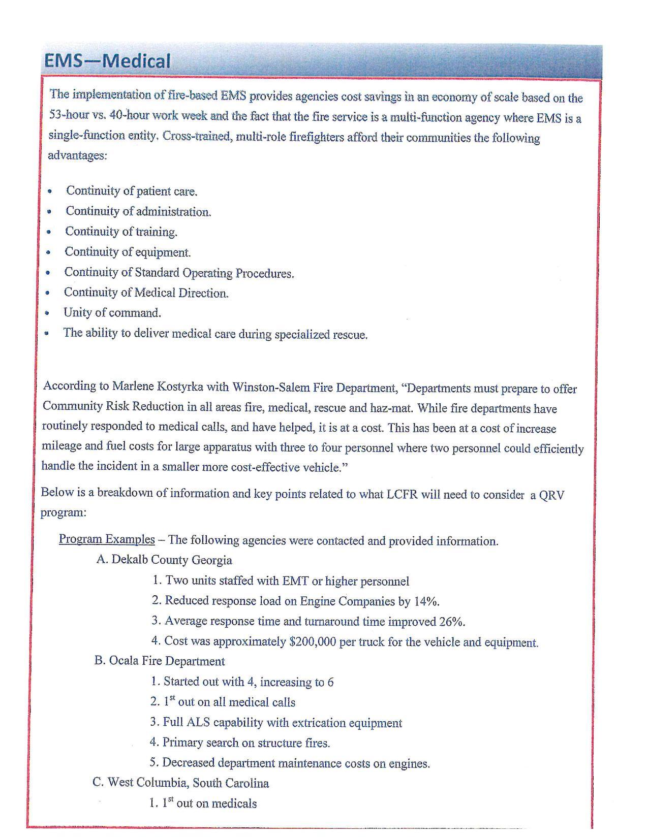 Quick Response Vehicles (QRV) Program Examples