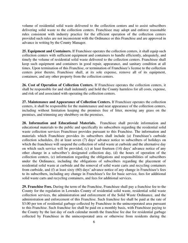 collection schedules, (b) at least seven (7) days’ advance notice to subscribers of holidays on