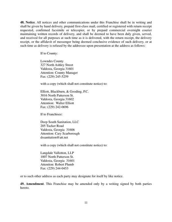 48. Notice. All notices and other communications under this Franchise shall be in writing and
