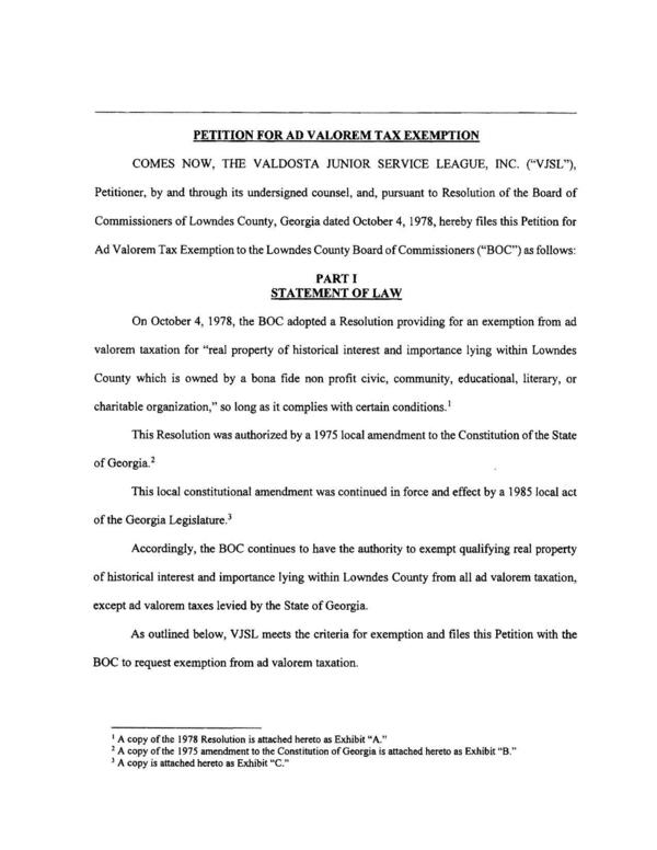 PETITION FOR AD VALOREM TAX EXEMPTION