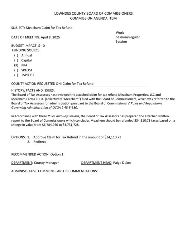 [Meachem should be refunded $34,110.73 taxes based on a change in value from $6,784,960 to $3,731,728.]