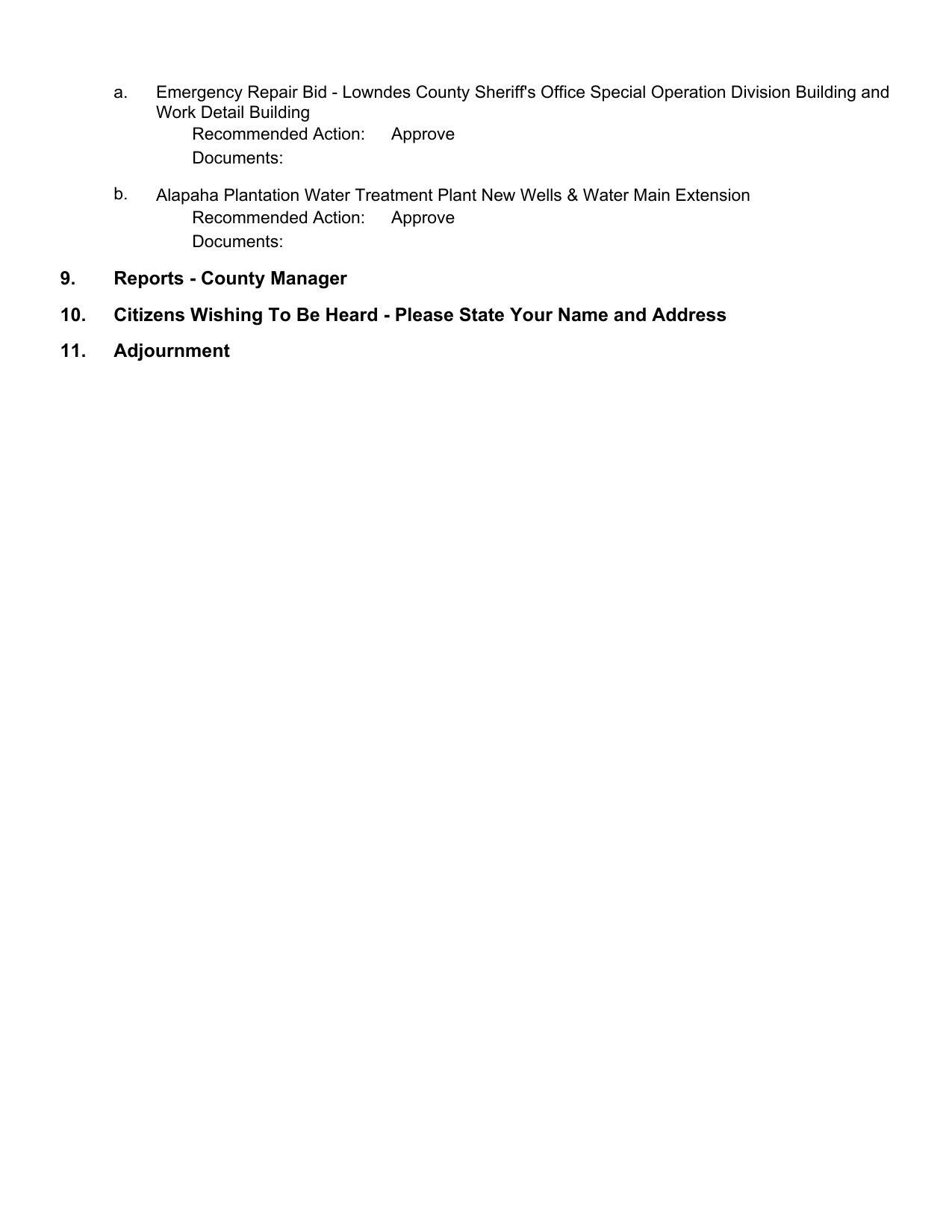 Bids and Adjournment