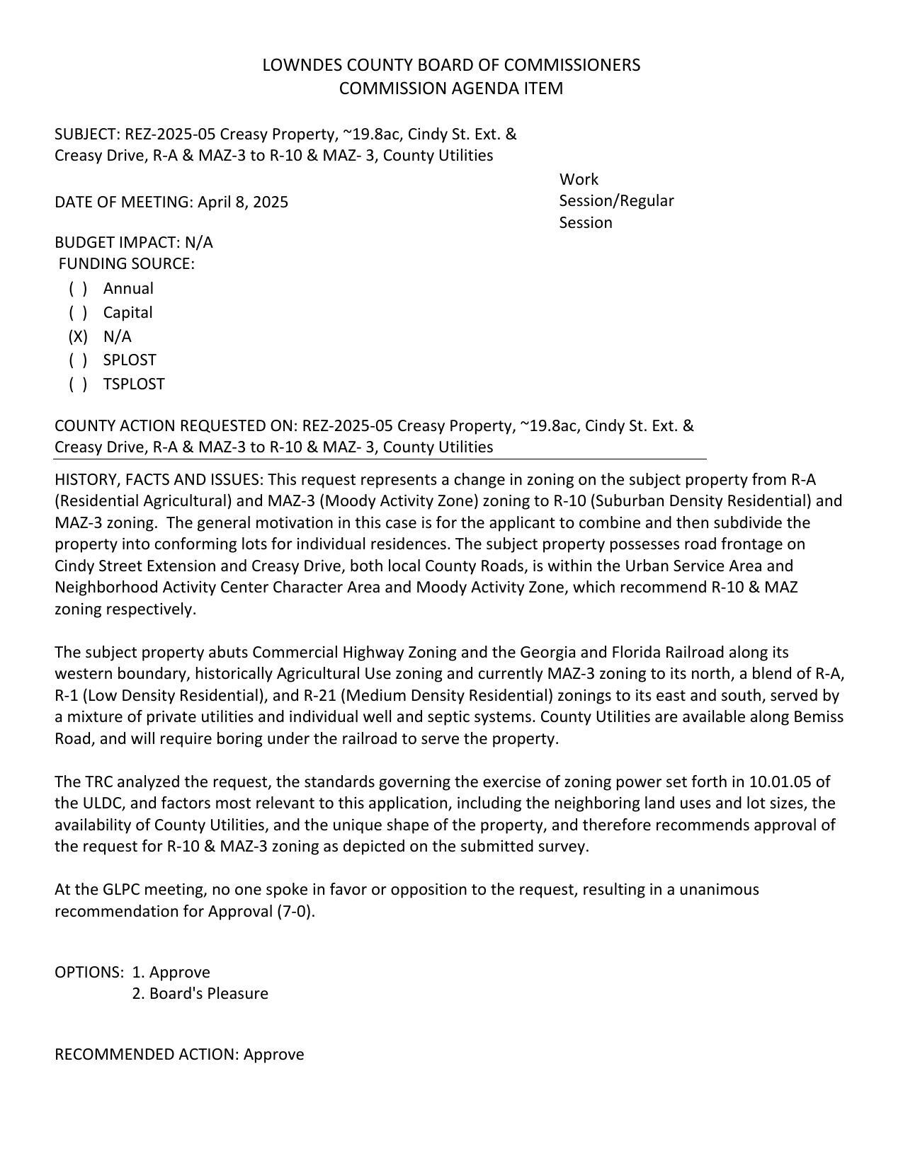 to combine and then subdivide the property into conforming lots for individual residences. GLPC recommended approval 7:0.
