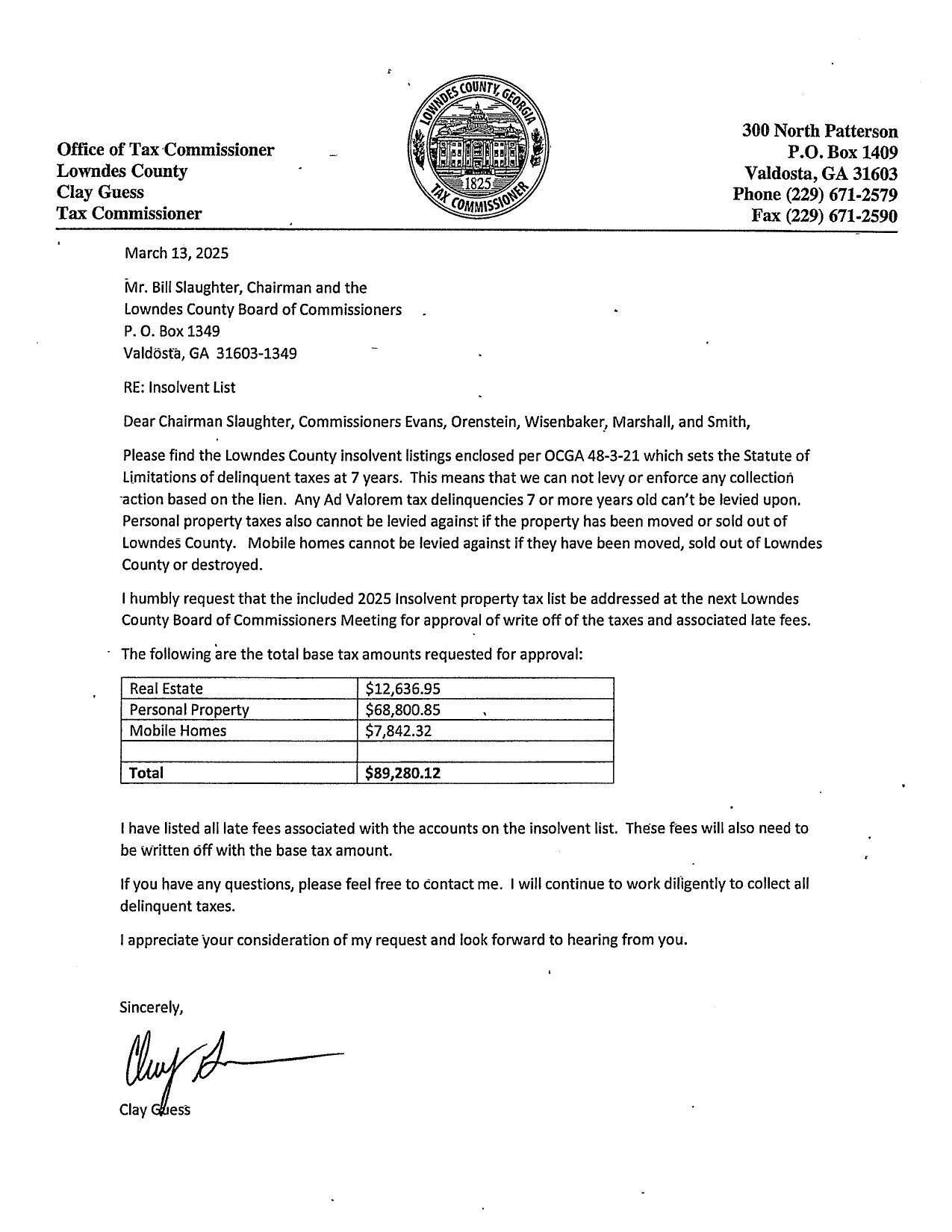 Real Estate $12,636.95; Personal Property $68,800.85; Mobile Homes $7,842.32; Total $89,280.12