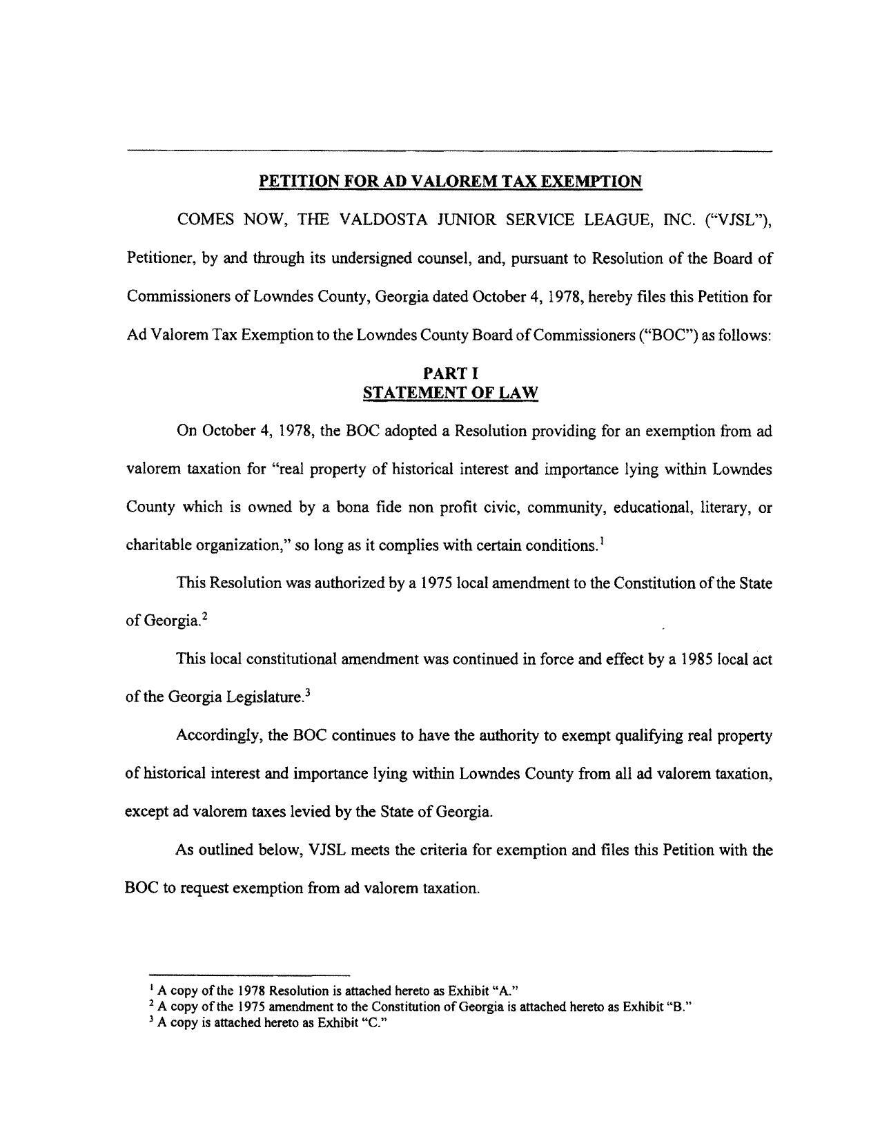 PETITION FOR AD VALOREM TAX EXEMPTION