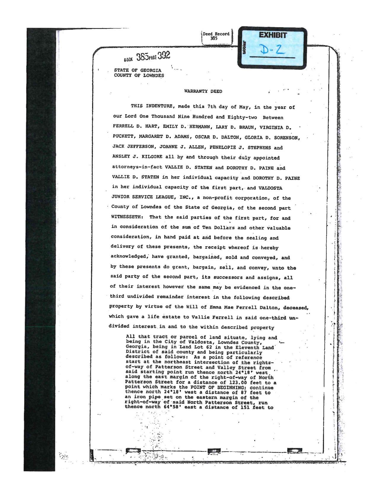 Exhibit D-2: Warranty Deed 1982-05-07 to The Valdosta Junior Service League