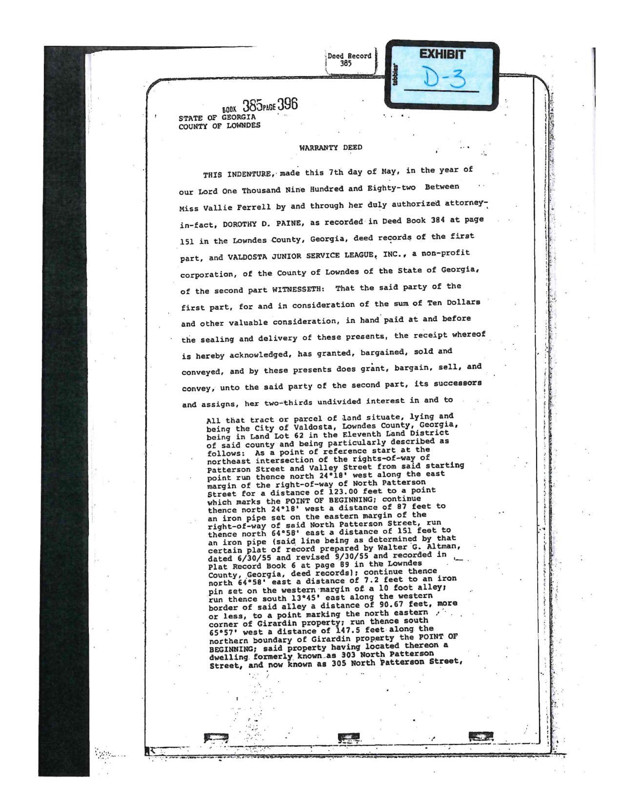 Exhibit D-3: Warranty Deed, Miss Vallie Ferrell to Valdost Junior Service League, Inc. 1982-05-07