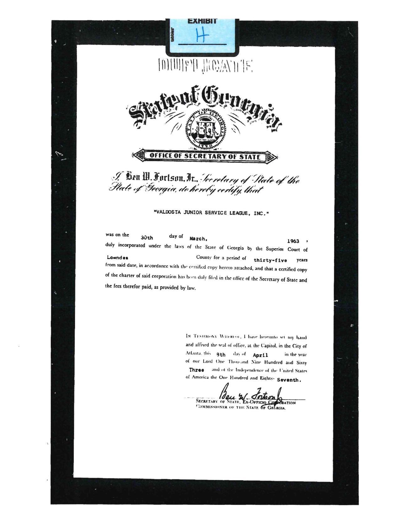 Exhibit H: GA Sec State certifies incoroporation of Valdosta Junior Service League, Inc. 1963-03-30