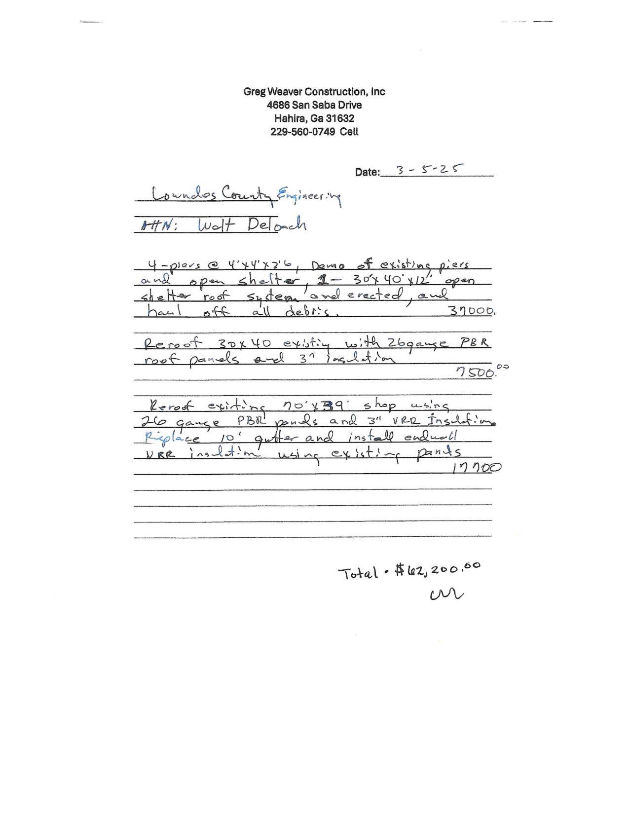 Bid: Greg Weaver Construction, Inc.