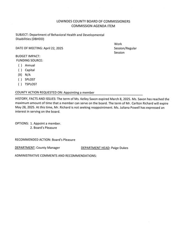 [Kelley Saxon is term-limited. Carlton Richard's term is expiring and he does not want to be reappointed. Juliana Powell has applied.]