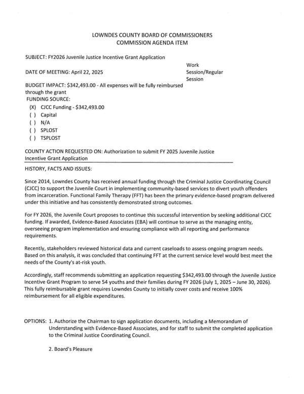 [BUDGET IMPACT: $342,493.00 - All expenses will be fully reimbursed through the grant FUNDING SOURCE: (xX) CICC Funding]
