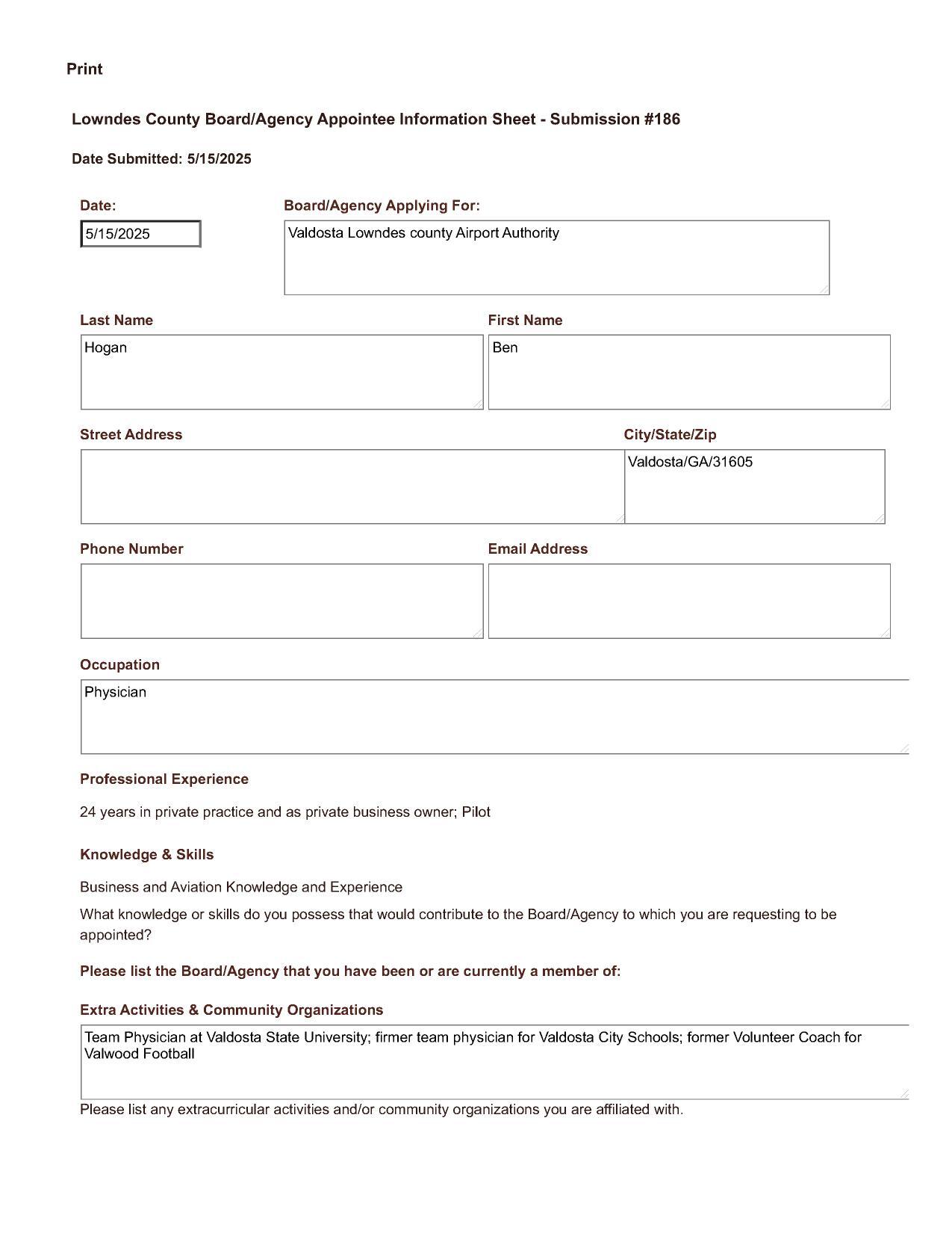 Ben Hogan application: 24 years in private practice and as private business owner; Pilot