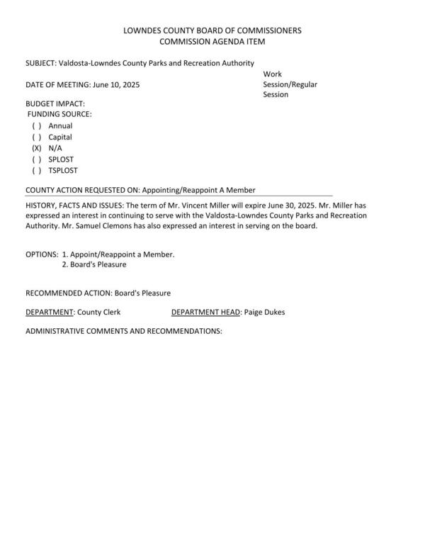 [Vincent Miller wants to be reappointed and Samuel Clemons would like to be appointed.]